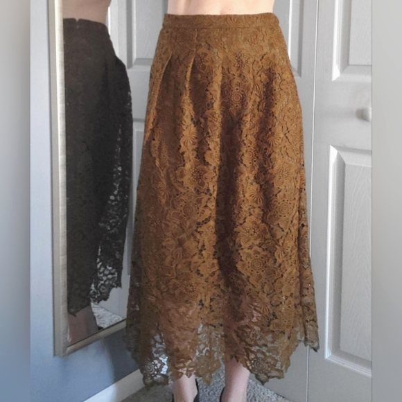 Hill Skirts Nwt Hill Scalloped Lace Overlay Golden Olive Green Midi Skirt Size